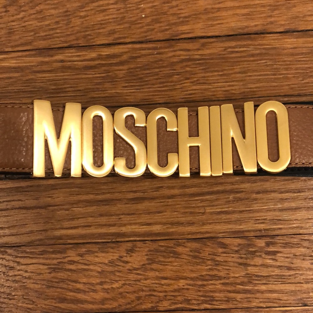 NWT Moschino Lettering Belt Brown Grained Leather 40
